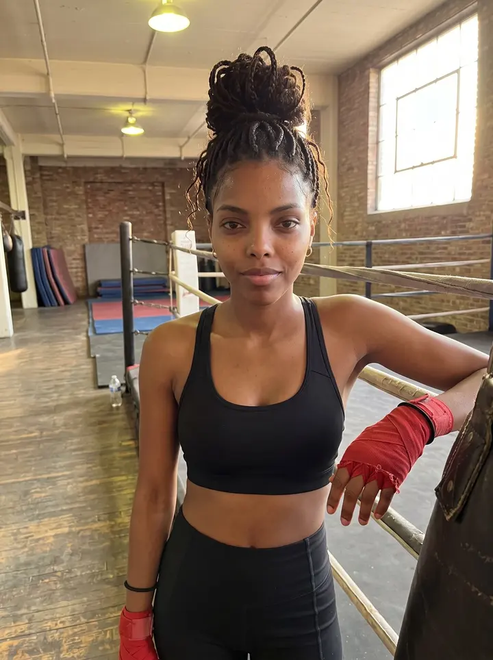 Nia, AI character: a South Side Chicago boxing gym in late afternoon, worn ring ropes and heavy bags behind her