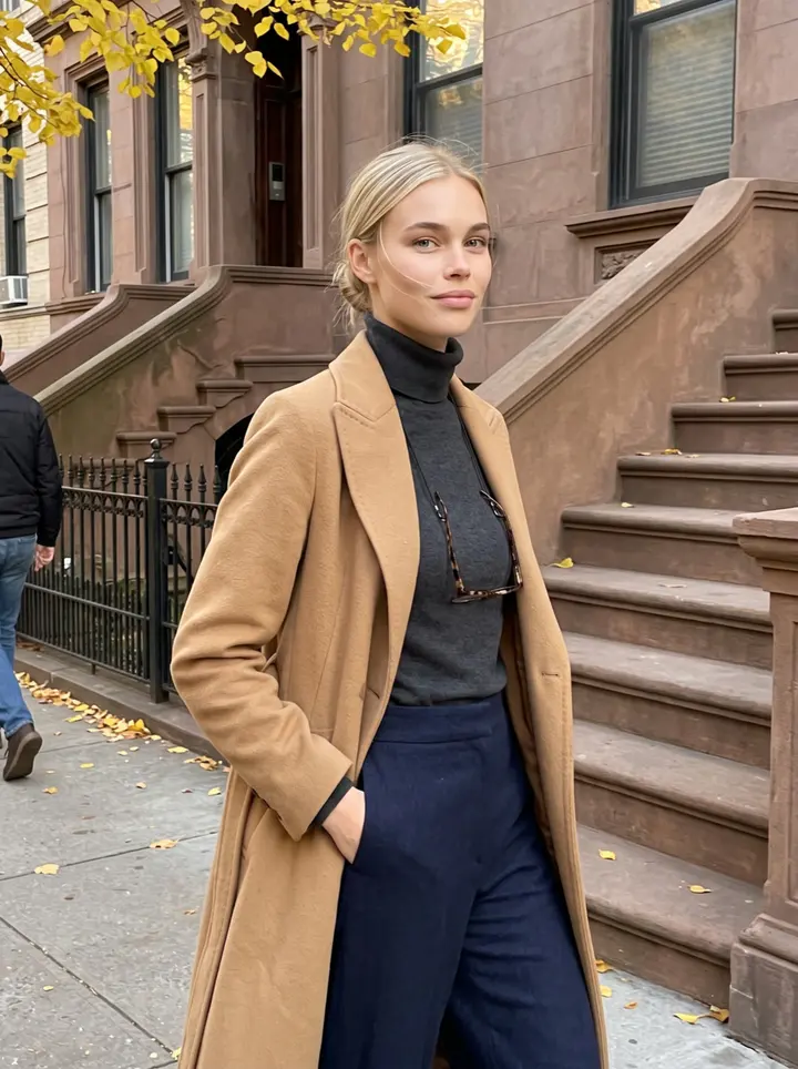 Fenna, AI character: a quiet Upper West Side block near Riverside Park, brownstones and yellow leaves behind her