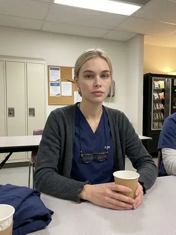 Fenna, AI character: a hospital staff break room after evening rounds, paper coffee cup and folded scrub jacket on the table