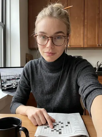 Fenna, AI character: her quiet apartment kitchen table before work, laptop open to the Rotterdam port webcam and a Dutch…