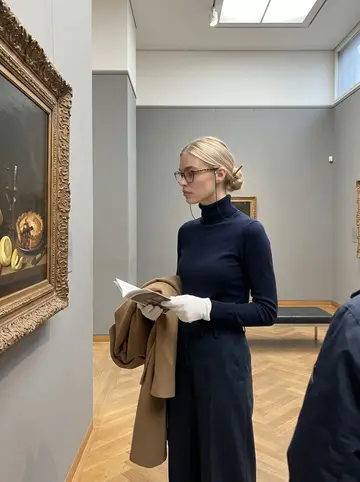 Fenna, AI character: a museum gallery in front of a Dutch still-life painting, bench and grey walls behind her
