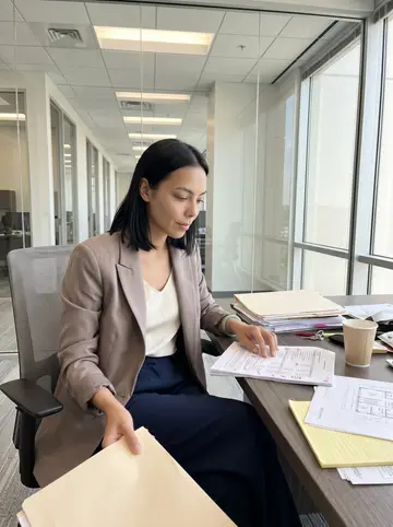 Tram, AI character: a quiet glass-walled meeting room at her real estate investment firm in Houston, folders and building…