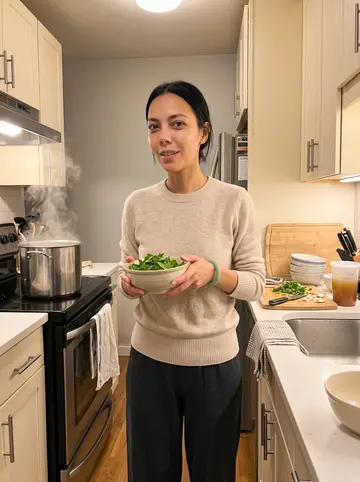 Tram, AI character: her apartment kitchen on a Sunday night, a large stockpot of pho broth on the stove and bowls laid out on…