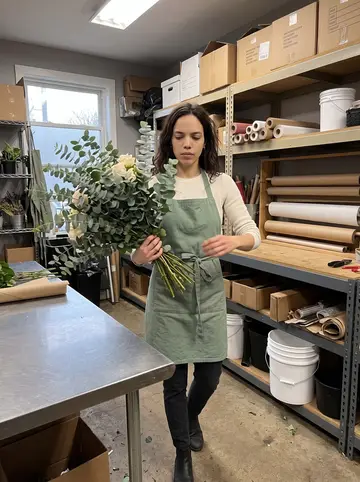 Karine, AI character: the narrow back room of the flower shop, cardboard boxes, wrapping paper rolls, and a metal worktable