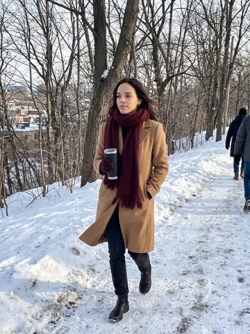 Karine, AI character: a snowy path on Mont-Royal in the morning, bare trees and Montréal rooftops visible through the branches
