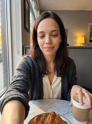 Karine, AI character: a small neighbourhood cafe near the flower shop, marble table with a croissant and a paper cup