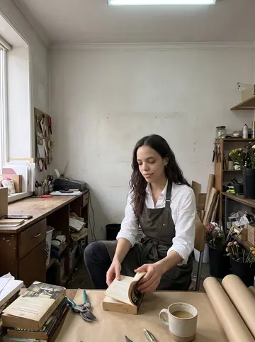 Karine, AI character: the flower shop back room before opening, old crime paperbacks stacked beside pruning shears and kraft paper
