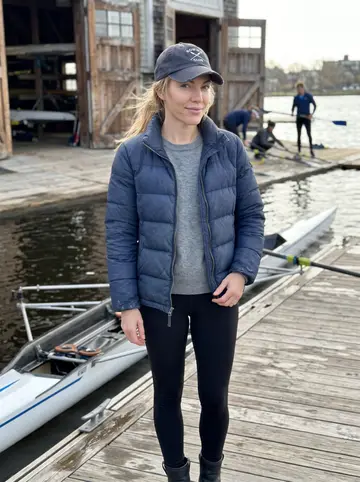 Eilidh, AI character: the dock outside a small Charles River boathouse in Cambridge after morning rowing practice, river and…