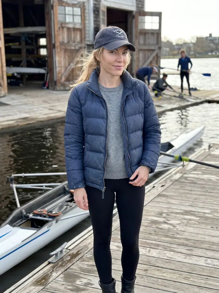 Eilidh, AI character: the dock outside a small Charles River boathouse in Cambridge after morning rowing practice, river and…