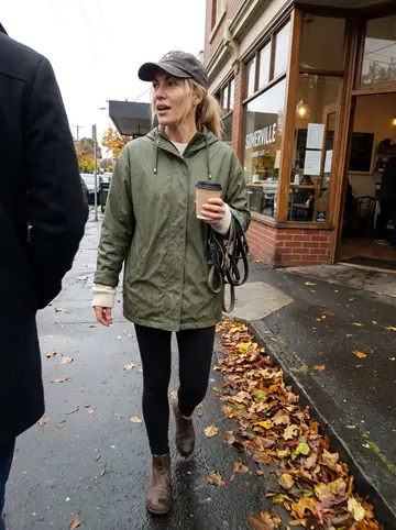Eilidh, AI character: a Somerville sidewalk outside a corner cafe between dog-walking jobs, wet leaves along the curb