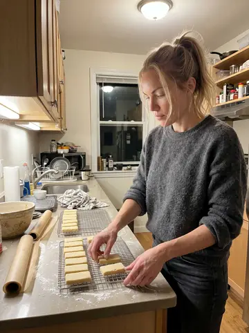 Eilidh, AI character: her small Somerville apartment kitchen at night, baking shortbread for dialysis nurses with trays cooling…
