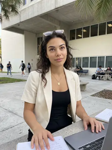 Daniela, AI character: outside the FIU library on a bright spring afternoon, sitting at a concrete table with her laptop, a…