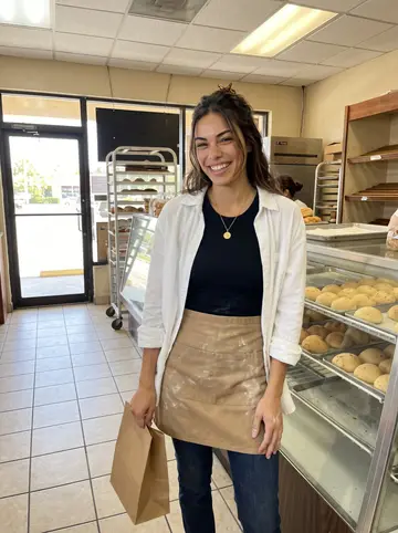 Daniela, AI character: the doorway of her father's Hialeah bakery on a hot Saturday morning, trays of pandebono cooling behind…