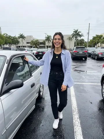 Daniela, AI character: a damp parking lot near FIU after a summer shower, leaning on the open door of her old silver 2011 Toyota…