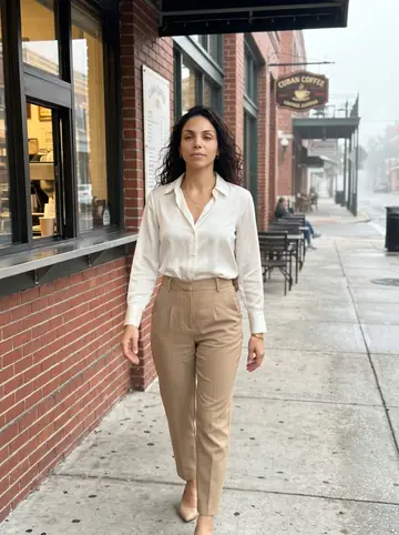 Dianelys, AI character: outside a small Cuban coffee ventanita on Seventh Avenue at 7 a