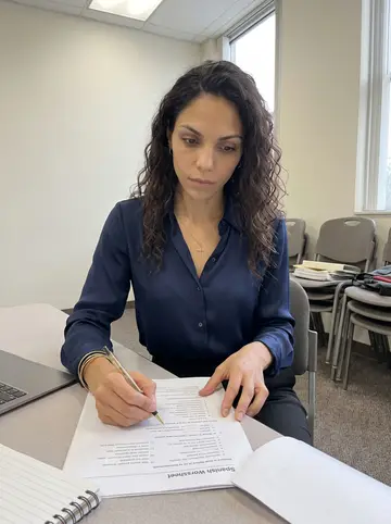 Dianelys, AI character: a quiet tutoring room at a neighborhood community center in Tampa, notebooks and a laptop on the table