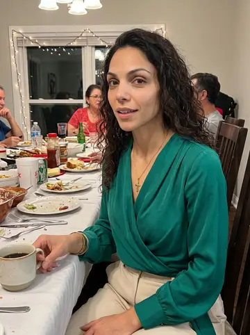 Dianelys, AI character: Sunday lunch at her aunt's Tampa dining room, crowded table just out of frame and small holiday lights in…