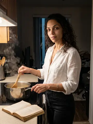 Dianelys, AI character: her one-bedroom apartment kitchen in Ybor City, a pot of soup on the stove and a narrow balcony door in…