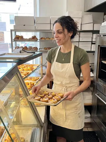 Jéssica, AI character: behind the counter at her family's Portuguese bakery in Newark, just after the lunch rush