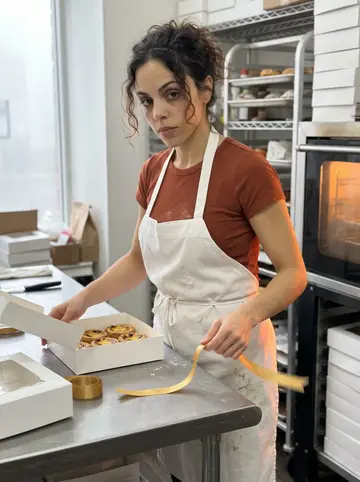 Jéssica, AI character: a back prep table at the bakery before opening, with pastry boxes and gold ribbon spread out