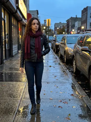 Jéssica, AI character: Ferry Street in the Ironbound after light rain, walking past closed storefronts and parked cars