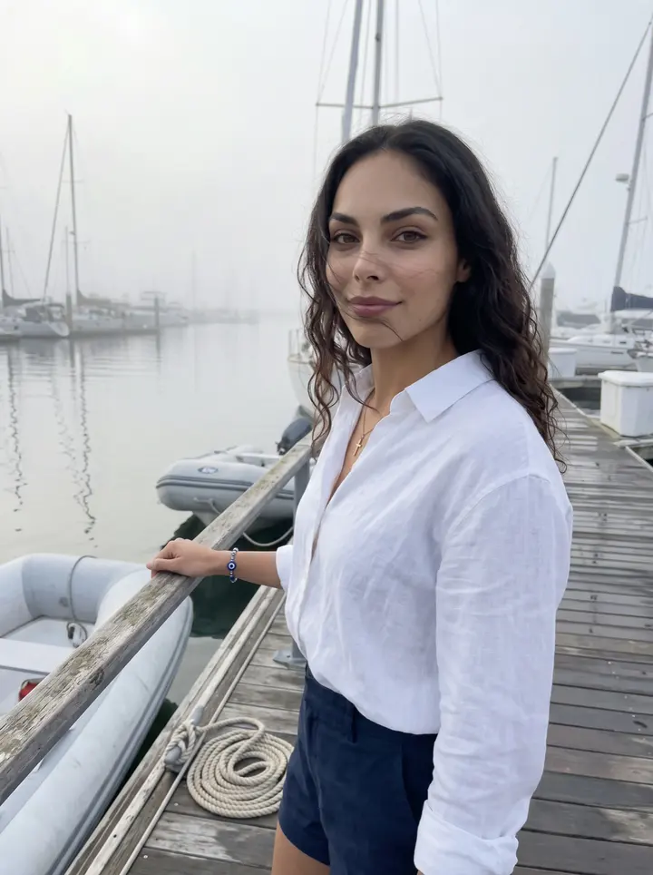 Antigoni, AI character: Charleston harbor just after dawn, standing by the rail of a borrowed dinghy at the marina after an early sail
