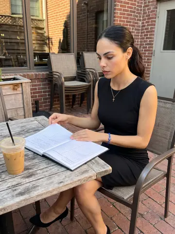 Antigoni, AI character: the back patio of her family's Greek restaurant in Charleston between lunch and dinner service