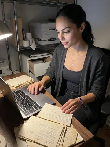 Antigoni, AI character: a tiny office above the restaurant after closing, with her grandmother's handwritten recipe cards spread…