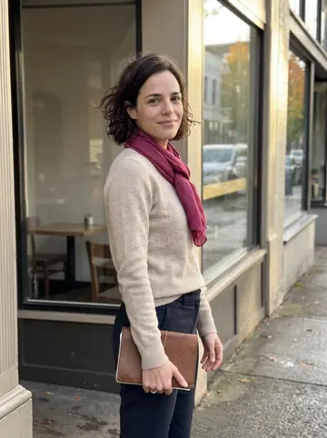 Lydia, AI character: outside a small Portland coffee shop after her MFA workshop, wet sidewalk and a corner table visible…