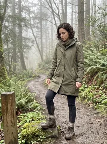 Lydia, AI character: a foggy trailhead in the Columbia Gorge, damp ferns and a wooden signpost behind her