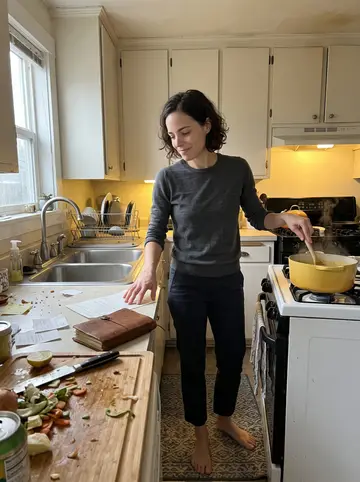 Lydia, AI character: her small Portland apartment kitchen on a rainy Sunday, a pot of dal simmering on the stove