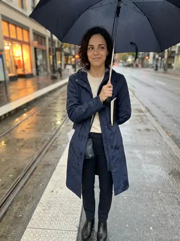 Lydia, AI character: a Portland streetcar stop in light rain, wet rails and orange shop lights in the background