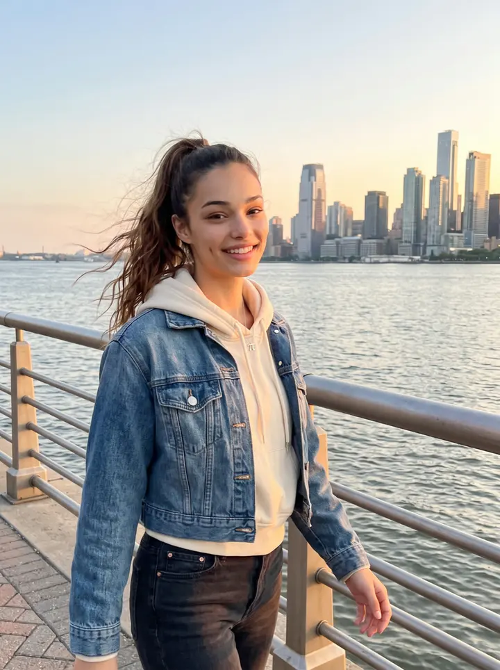 Alicia, AI character: the Hoboken waterfront walkway near Stevens, with the Hudson River and the Manhattan skyline behind her at…