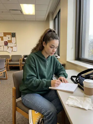 Alicia, AI character: a busy Stevens campus math lounge table with paper napkins, cheap coffee cups, notebooks and a backpack…