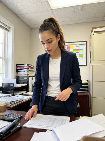 Alicia, AI character: a small office at her family's waste-hauling company in North Jersey, stacks of invoices, binders and a…