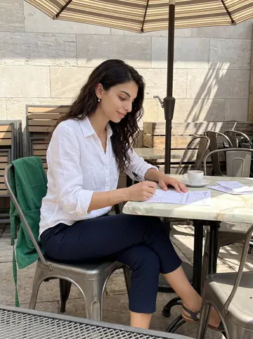 Bianca, AI character: a quiet back patio table behind the family restaurant during a short break between lunch and prep