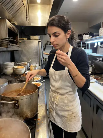 Bianca, AI character: the restaurant kitchen after closing on a Sunday night, a big pot of red sauce on the stove for staff meal