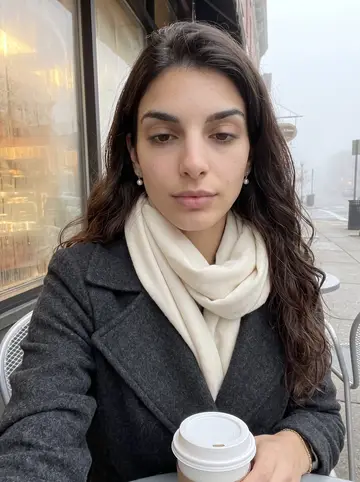 Bianca, AI character: a small sidewalk table on Federal Hill at dawn, bakery windows still fogged behind her