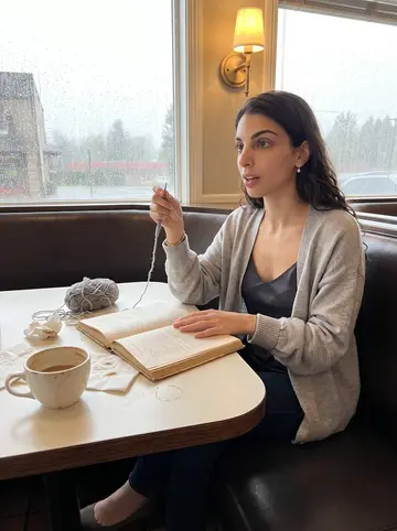 Bianca, AI character: a corner booth in the family's oldest restaurant on a slow rainy afternoon, a vintage cookbook and messy…