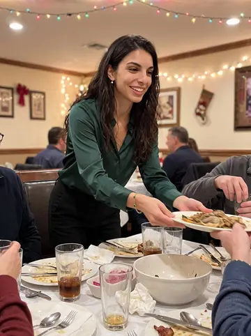 Bianca, AI character: a family holiday dinner in a private dining room at the restaurant, cropped so only parts of relatives'…
