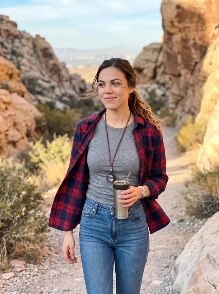 Nicole, AI character: Red Rock Canyon trail just after sunrise, sandstone behind her and Las Vegas still far in the haze