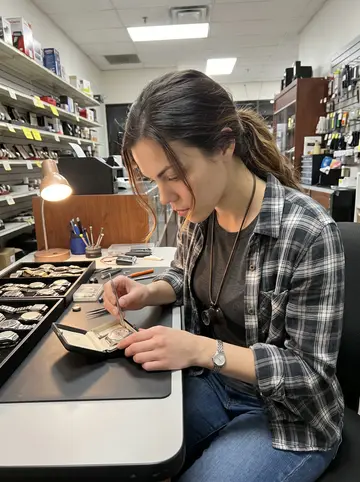 Nicole, AI character: back counter of her family's pawn and loan shop in Las Vegas after closing, trays of watches and small…