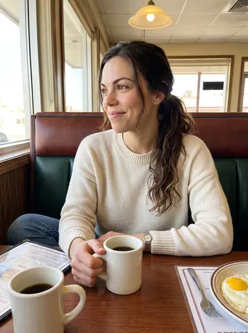 Nicole, AI character: old Las Vegas diner booth at breakfast, laminated menu, coffee mug and plate of eggs on the table