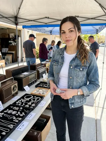 Nicole, AI character: suburban estate sale driveway in Henderson, folding tables with rhinestone jewelry and old radios