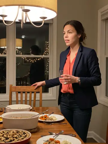 Nicole, AI character: family dining room before Friday dinner, serving dishes on the table and warm string lights visible…