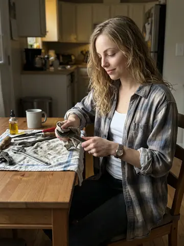 Kirsten, AI character: her kitchen table on a quiet Saturday morning, old hand tools laid out on a towel beside a mug and a small…