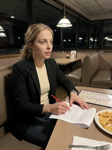 Kirsten, AI character: a small old Cincinnati diner booth at night, vinyl seats, laminated menu, half-finished plate of fries on…