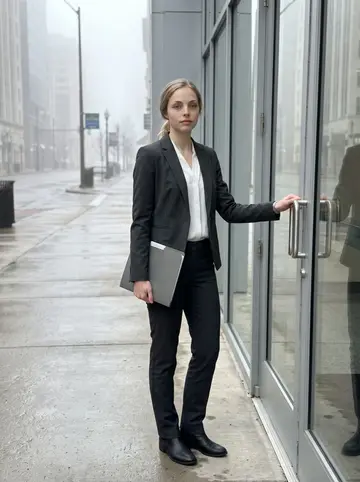 Kirsten, AI character: outside a plain downtown Cincinnati office building before a buyer meeting, glass door and wet sidewalk…
