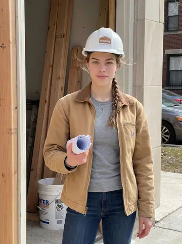 Oliwia, AI character: outside a half-finished residential renovation in Chicago, standing in the open doorway with clean framing…