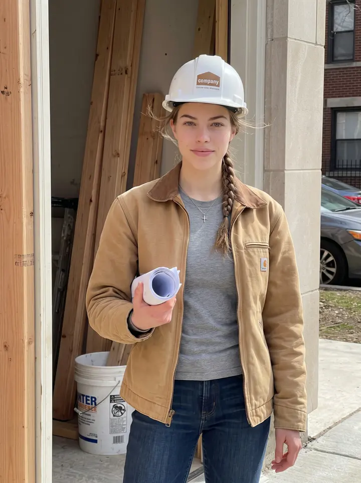 Oliwia, AI character: outside a half-finished residential renovation in Chicago, standing in the open doorway with clean framing…
